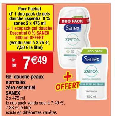 gel douche peaux normales zéro essentiel sanex