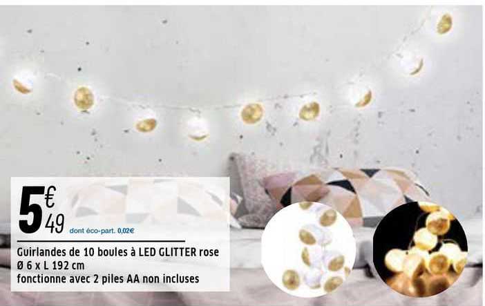 guirlandes de 10 boules à led glitter rose ø 6 x l 192 cm fonctionne avec 2 piles aa non incluses