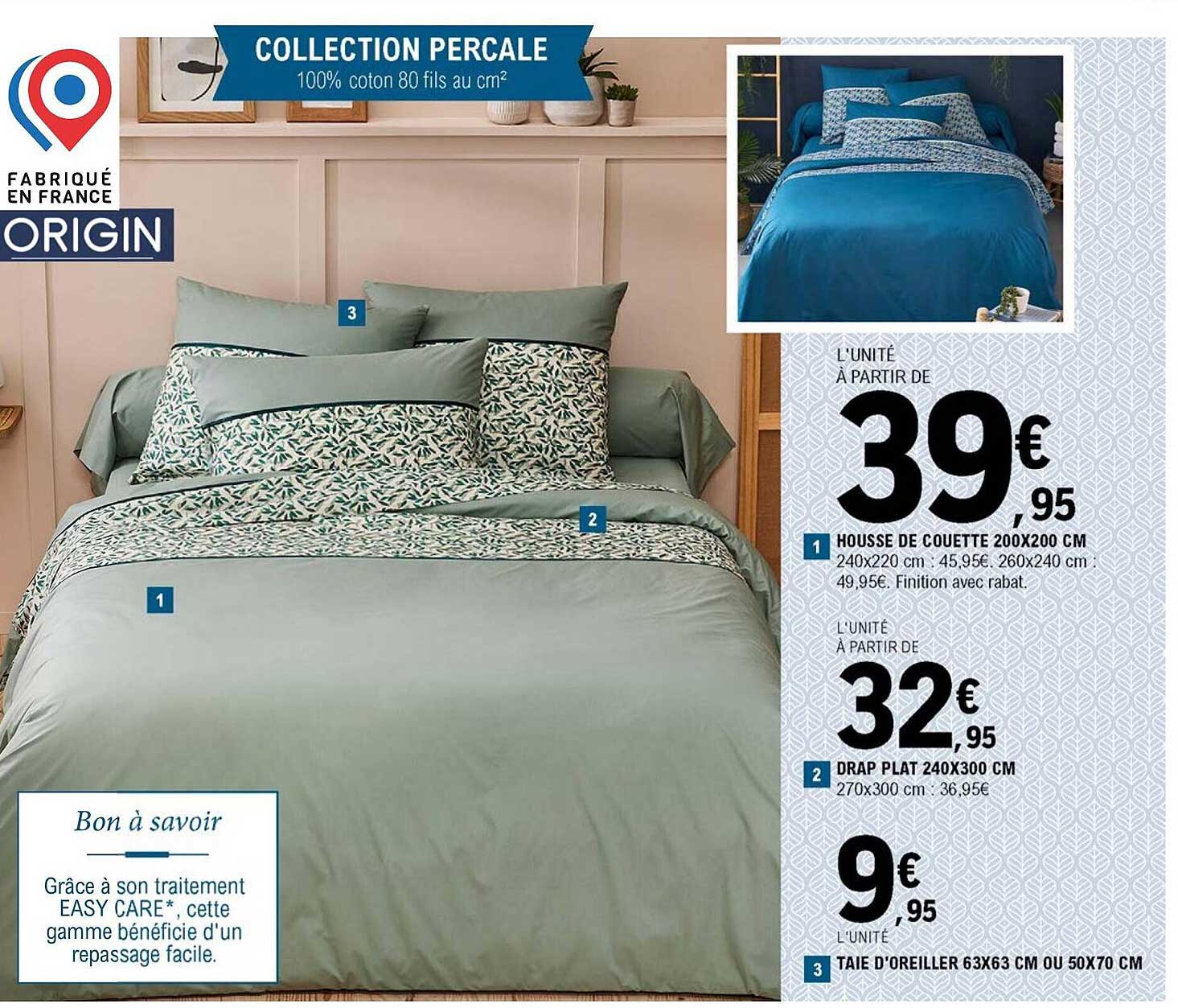 housse de couette 200 x 200 cm, drap plat 240 x 300 cm, taie d'oreiller 63 x 63 cm ou 50 x 70 cm