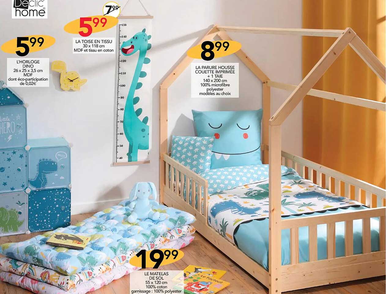 l'horloge dino, la toise en tissu, la parure housse couette imprimée + 1 taie, el matelas de sol