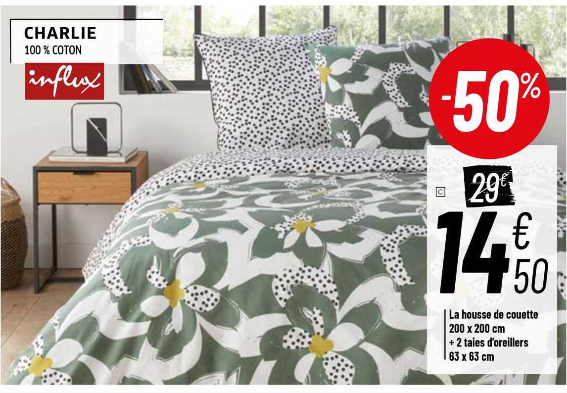 La Housse De Couette 200 X 200 Cm + 2 Taies D'oreillers 63 X 63 Cm Charlie Influx