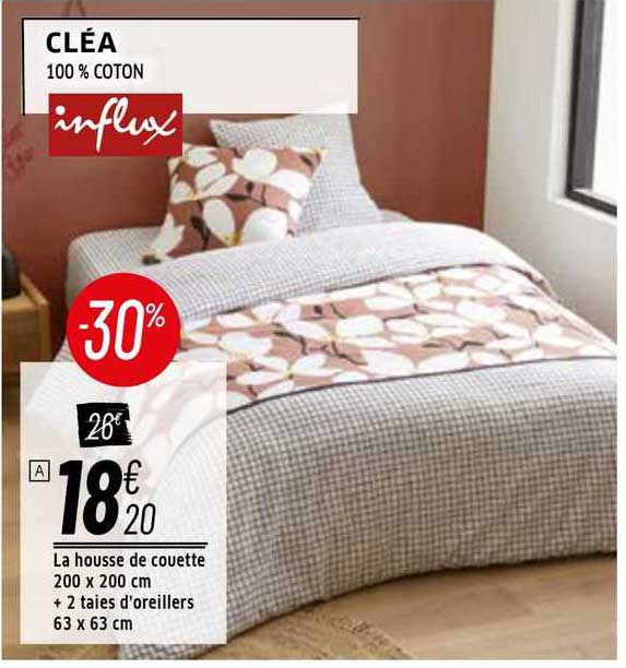 la housse de couette 200 x 200 cm + 2 taies d'oreillers 63 x 63 cm cléa influx