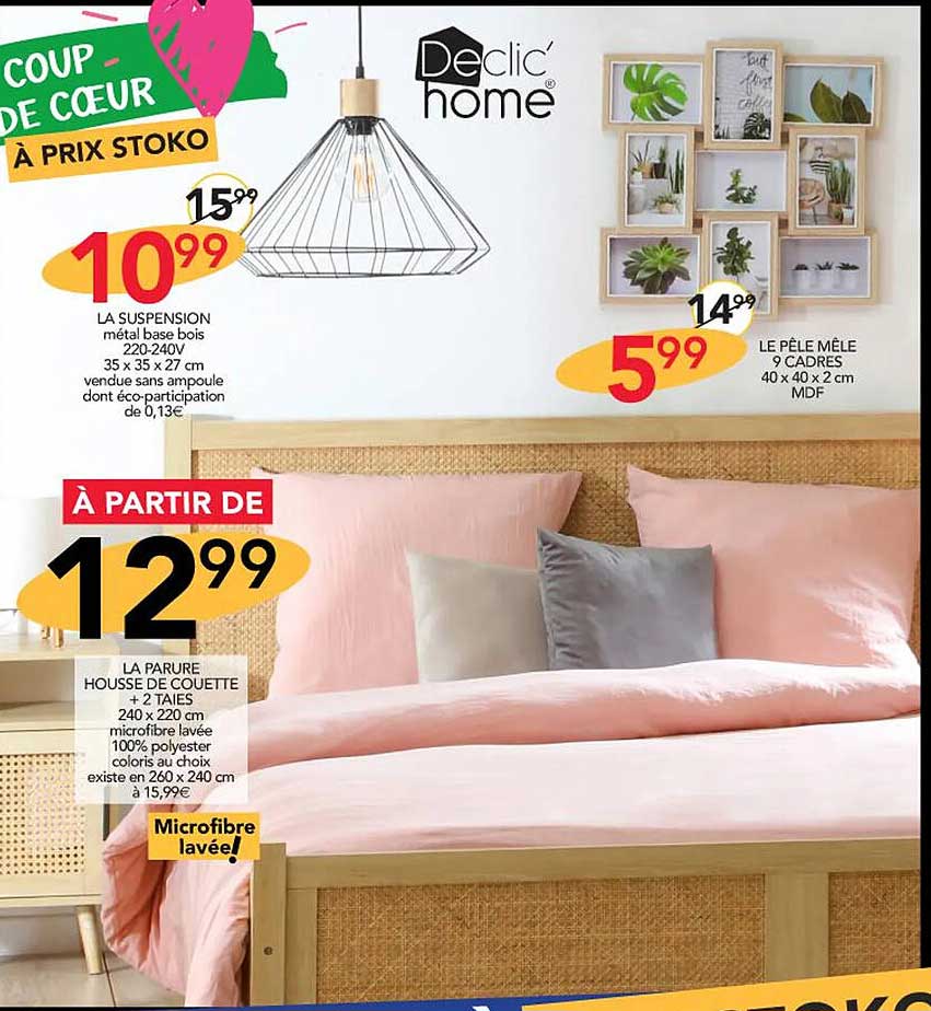 la suspension, la parure housse de couette + 2 taies 240 x 220 cm, le pêle mêle 9 cadres 40 x 40 x 2 cm mdf