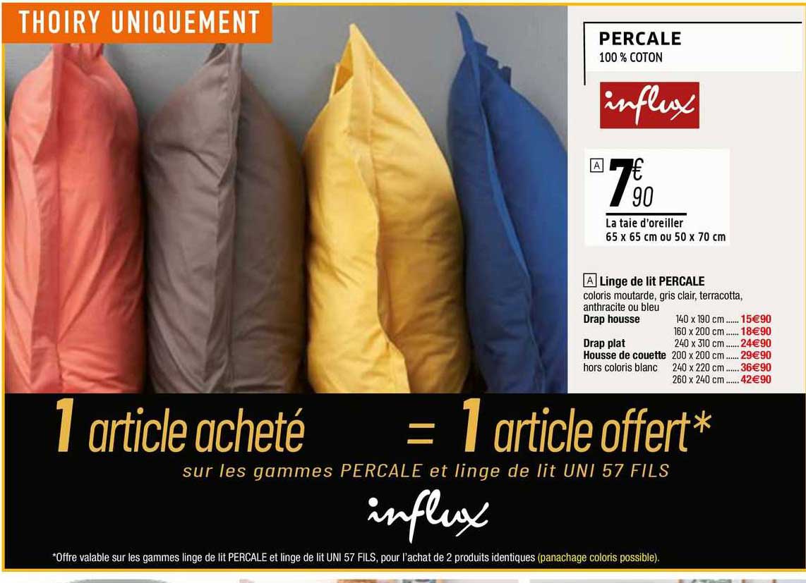 la taie d'oreiller 65 x 65 cm ou 50 x 70 cm percale influx