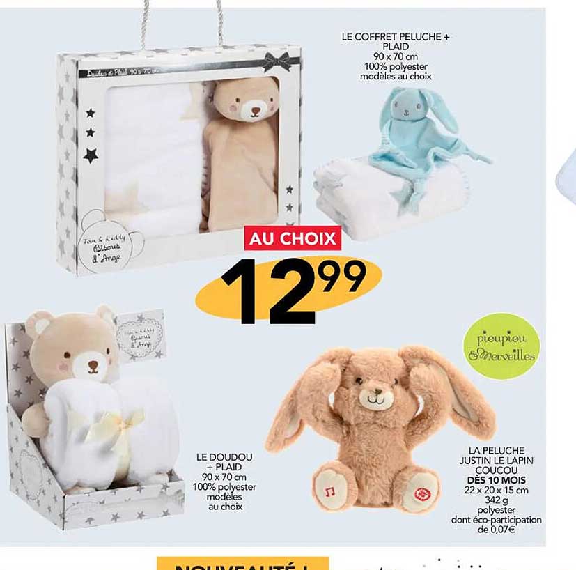 le doudou + plaid 90 x 70 cm, la peluche justin le lapin coucou, le coffret peluche + plaid 90 x 70 cm
