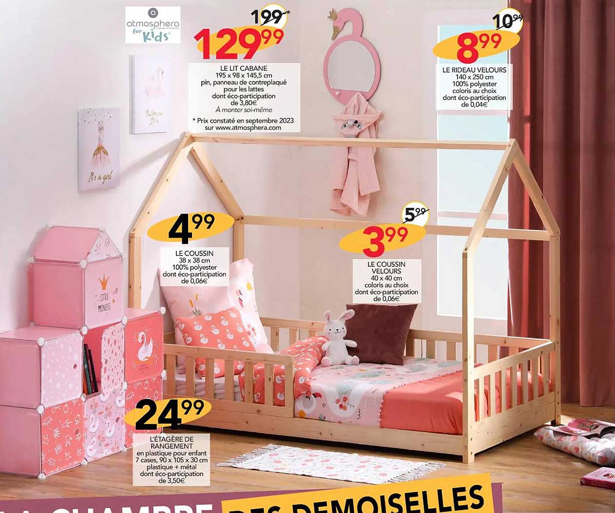 le lit cabane atmosphera kids, le rideau velours, le coussin, l'étagère de rangement, le coussin velours 40 x 40 cm