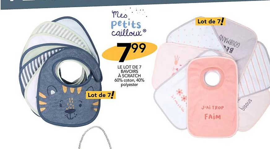le lot de 7 bavoirs à scratch mes petits cailloux