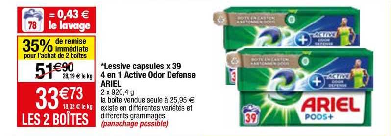 lessive capsules x 39 4 en 1 active odor défense ariel