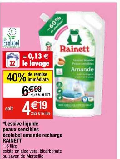 lessive liquide peaux sensibles écolabel amande recharge rainett