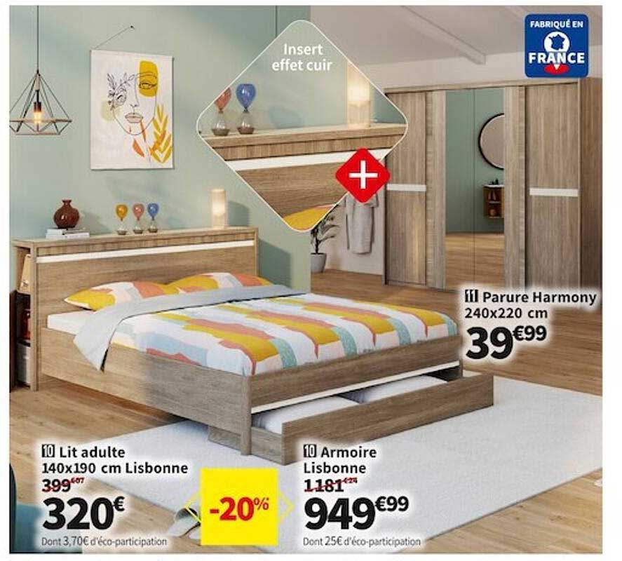 lit adulte 140 x 190 cm lisbonne, armoire lisbonne, parure harmony 240 x 220 cm