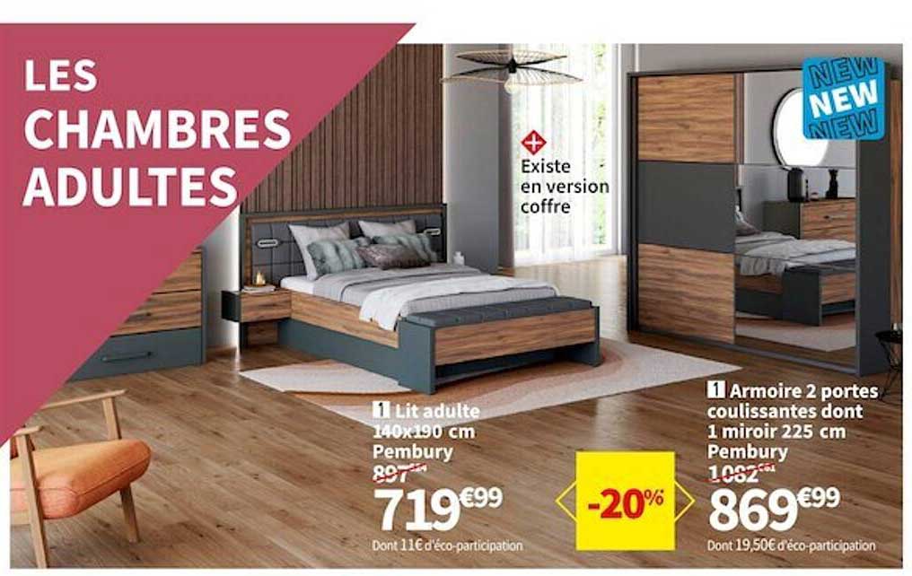 lit adulte 140 x 190 cm pembury, armoire 2 portes coulissantes dont 1 miroir 225 cm pembury