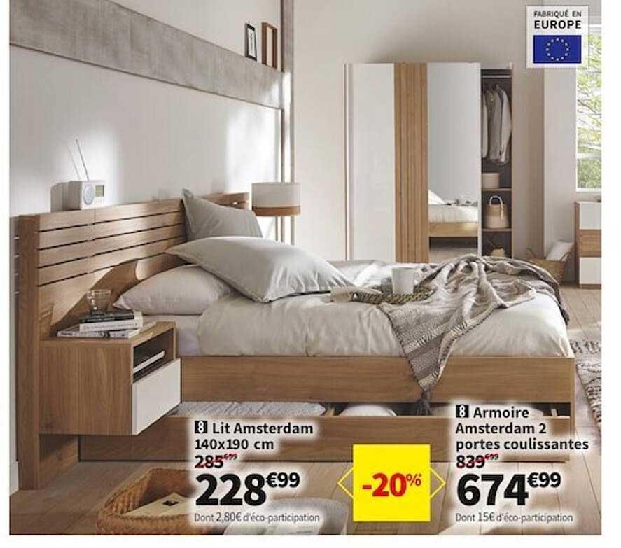 Lit Amsterdam 140 X 190 Cm, Armoire Amsterdam 2 Portes Coulissantes