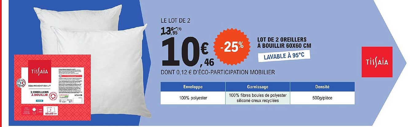 lot de 2 oreillers à bouillir 60x60 cm tissaia