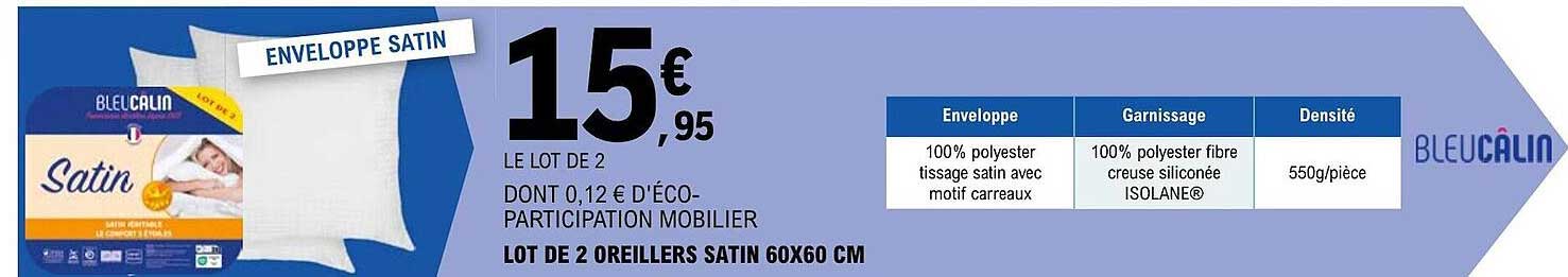 Lot De 2 Oreillers Satin 60 X 60 Cm Bleu Câlin