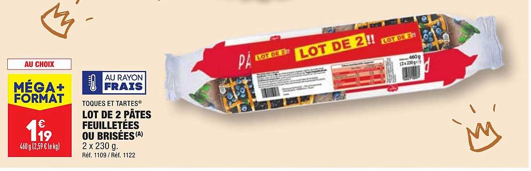 lot de 2 pâtes feuilletées ou brisées toques et tartes