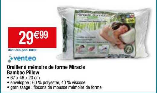 oreiller à mémoire de forme miracle bamboo pillow venteo