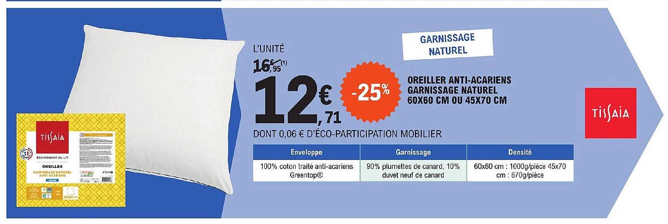 oreiller anti-acariens garnissage naturel 60x60 cm ou 48x70 cm tissaia