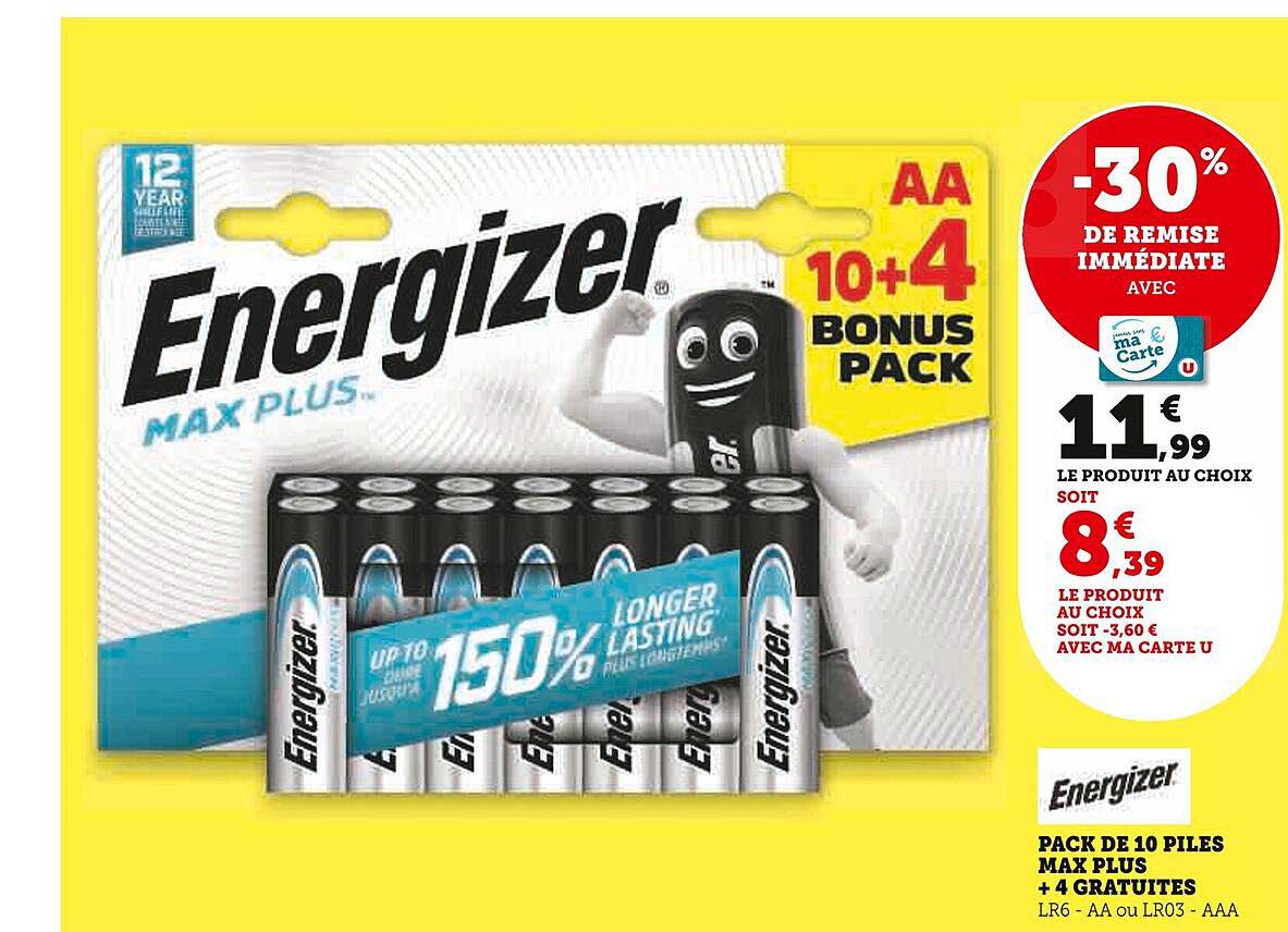 pack de 10 piles max plus + 4 gratuites energizer