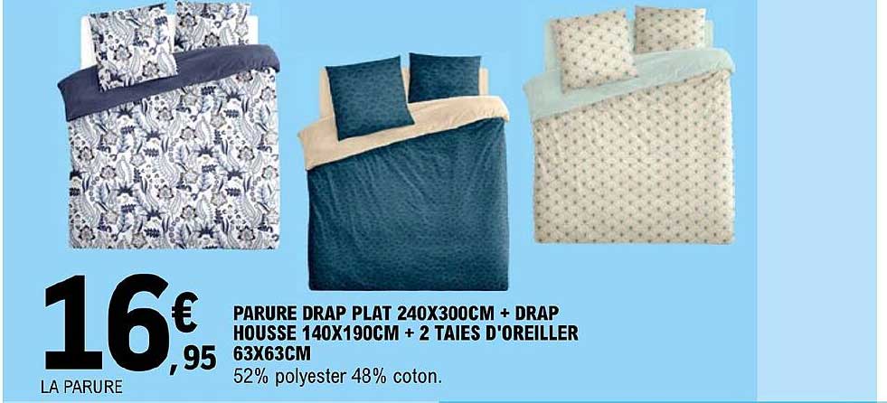 parure drap plat 240 x 300 cm + 2 taies d'oreiller 63 x 63 cm
