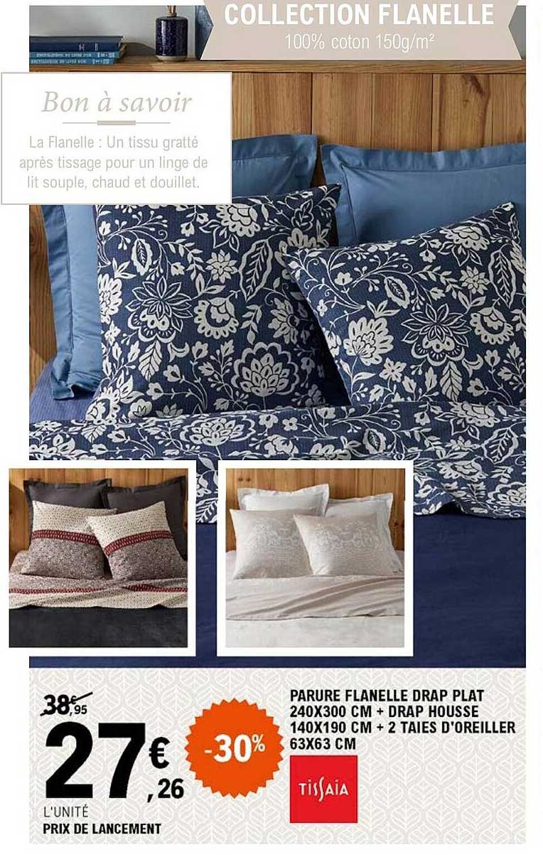 parure flanelle drap plat 240 x 300 cm + drap housse 140 x 190 cm + 2 taies d'oreiller 63 x 63 cm tissaia