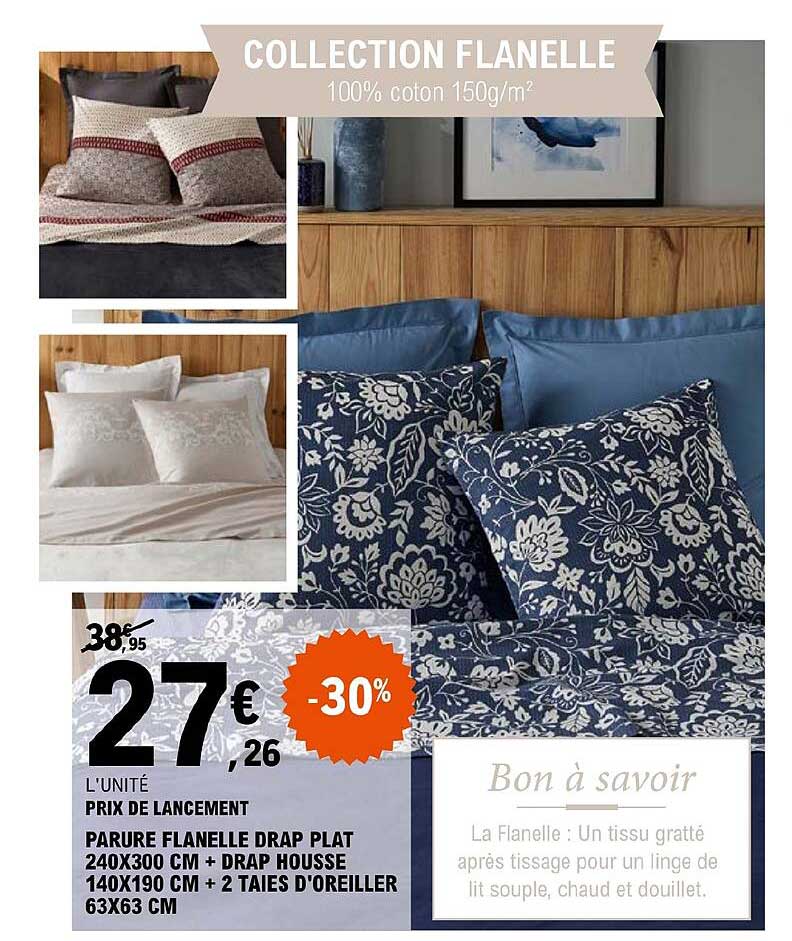 parure flanelle drap plat 240 x 300 cm + drap housse 140 x 190 cm + 2 taies d'oreiller 63 x 63 cm