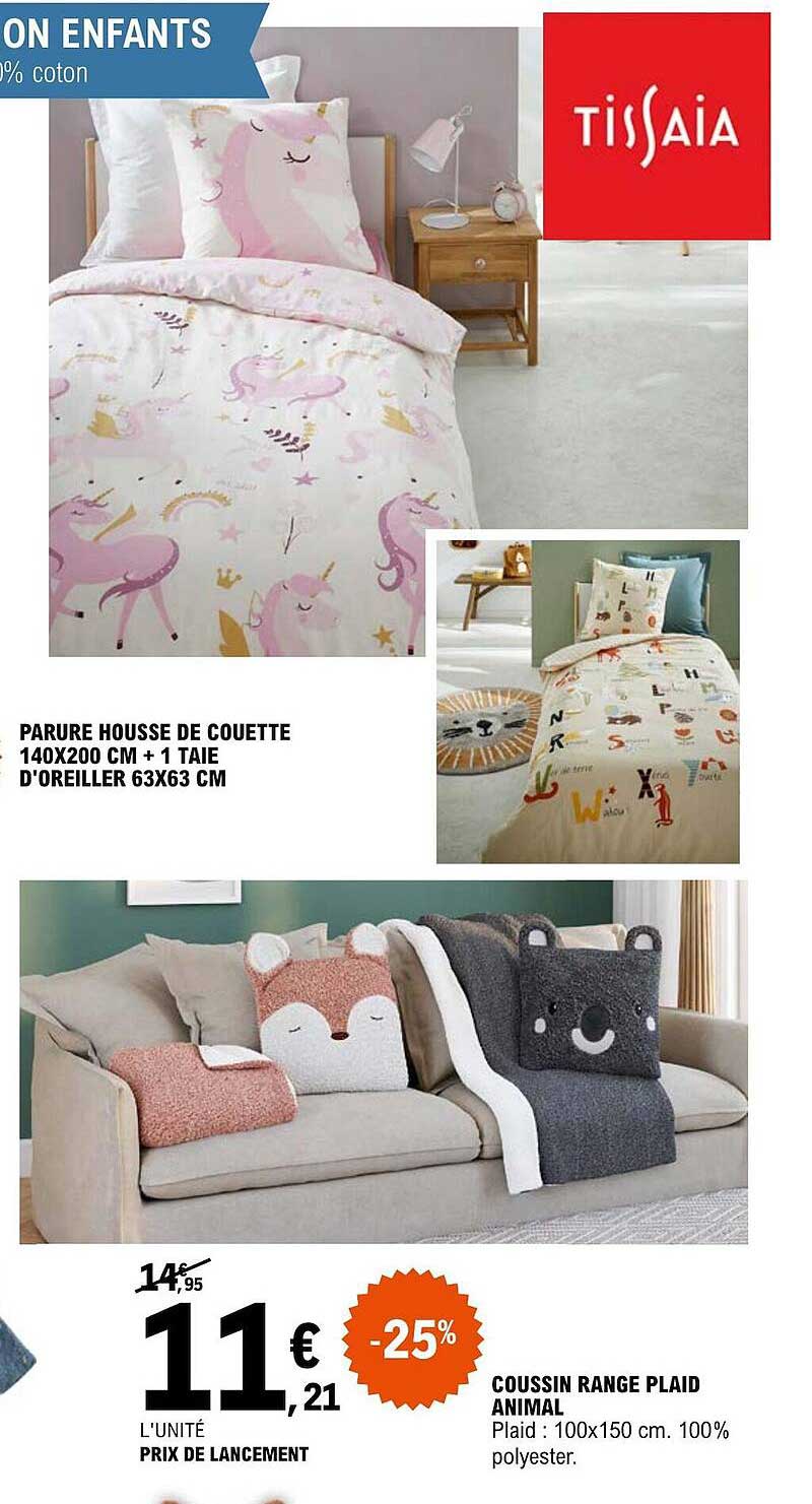 parure housse de couette 140 x 200 cm + 1 taie d'oreiller 63 x 63 cm tissaia, coussin range plaid animal tissaia