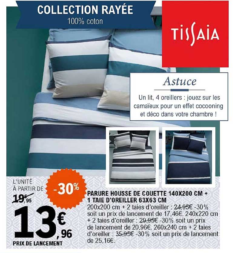 parure housse de couette 140 x 200 cm + 1 taie d'oreiller 63 x 63 cm tissaia