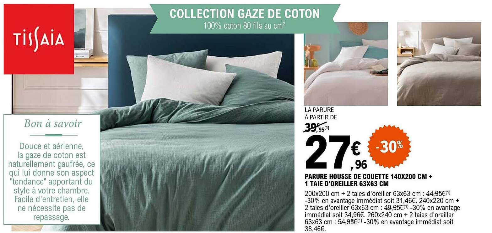 parure housse de couette 140 x 200 cm + 1 taie d'oreiller 63 x 63 cm tissaia