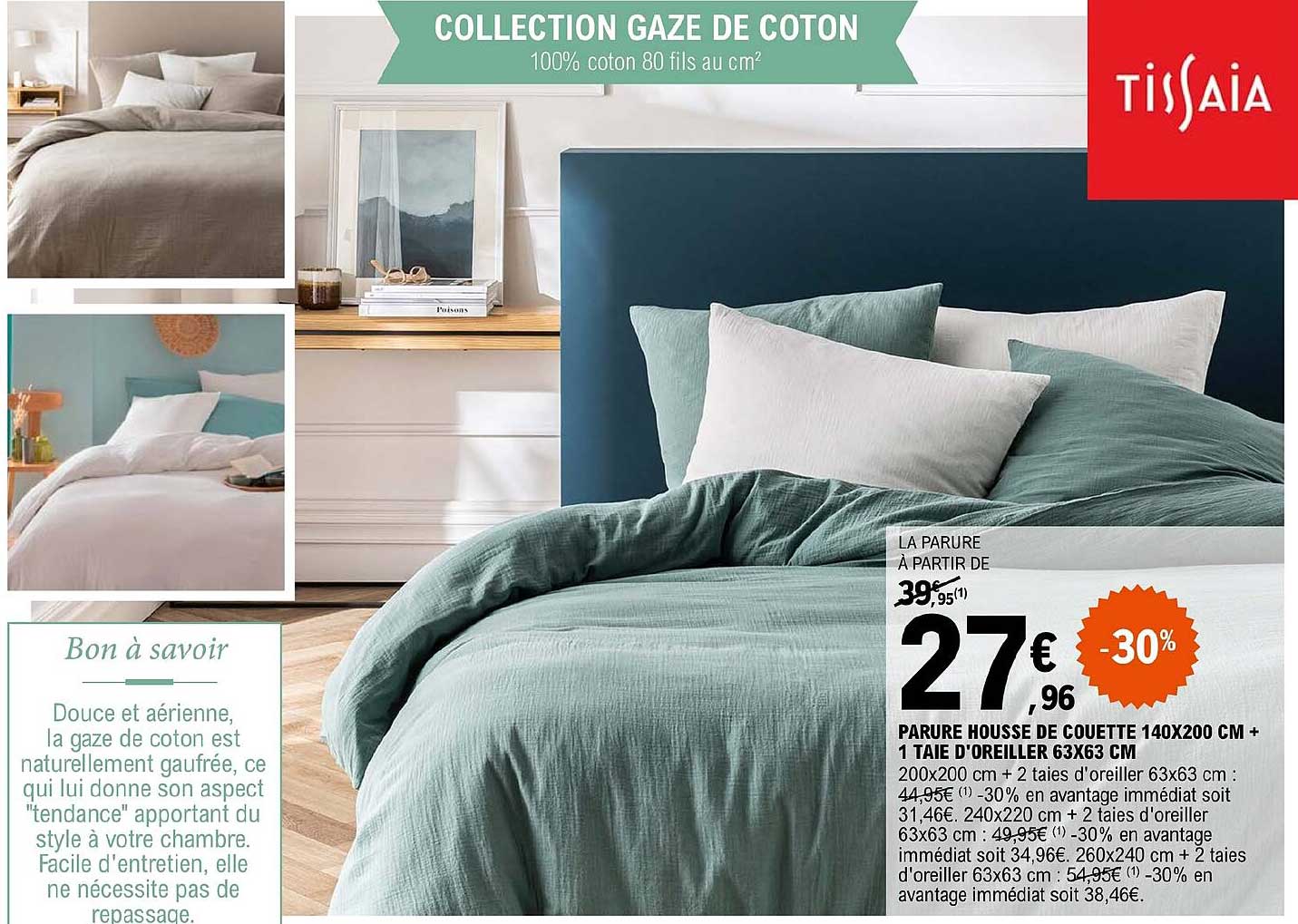 collection gaze de coton : parure housse de couette 140 x 200 cm + 1 taie d'oreiller 63 x 63 cm tissaia