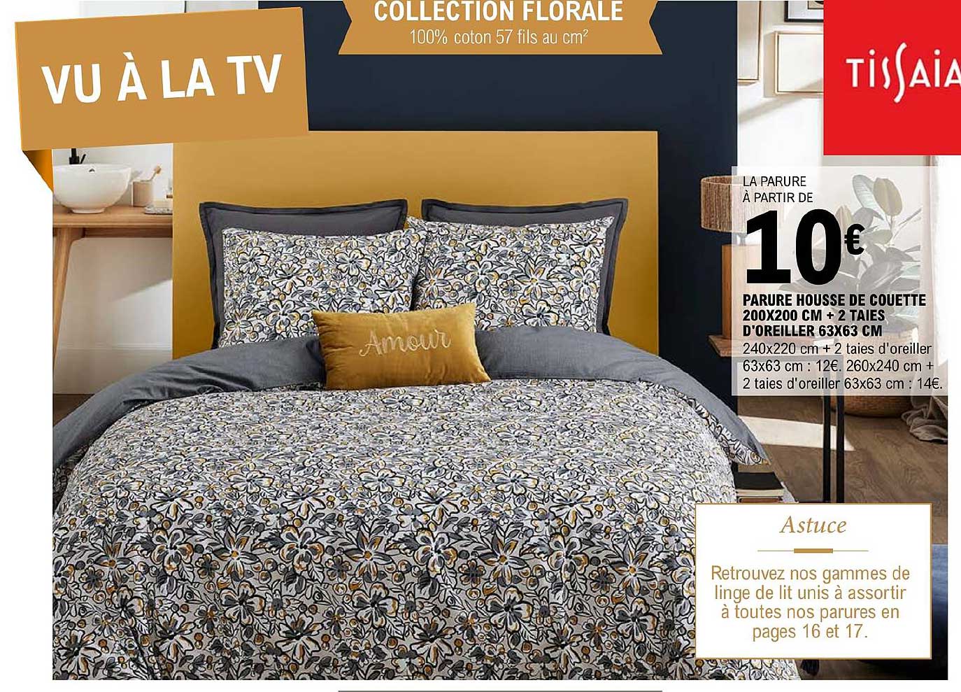 parure housse de couette 200 x 200 cm + 2 taies d'oreiller 63 x 63 cm