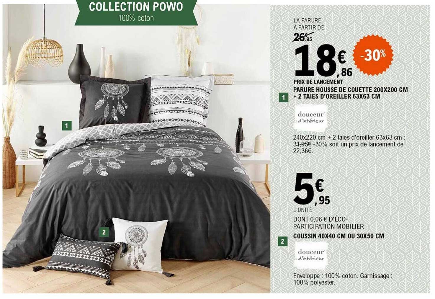 parure housse de couette 200 x 200 cm + 2 taies d'oreiller 63 x 63 cm douceur d'intérieur, coussin 40 x 40 cm ou 30 x 50 cm douceur d'intérieur