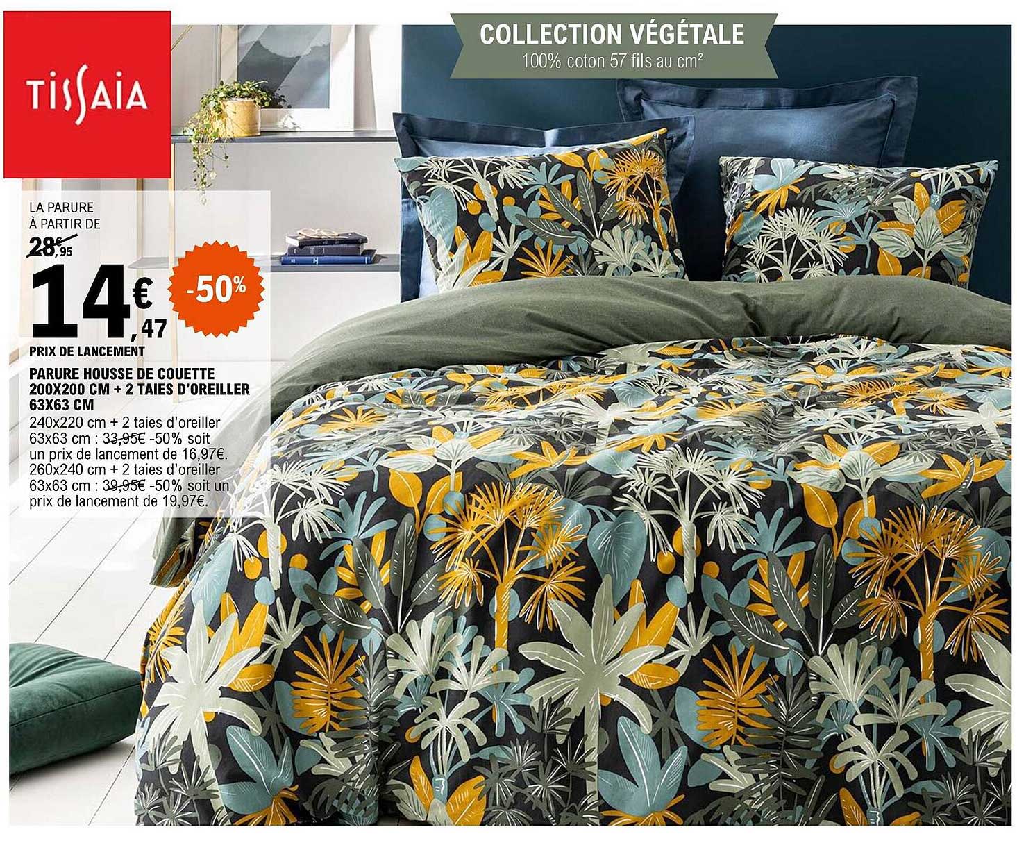 parure housse de couette 200 x 200 cm + 2 taies d'oreiller 63 x 63 cm tissaia