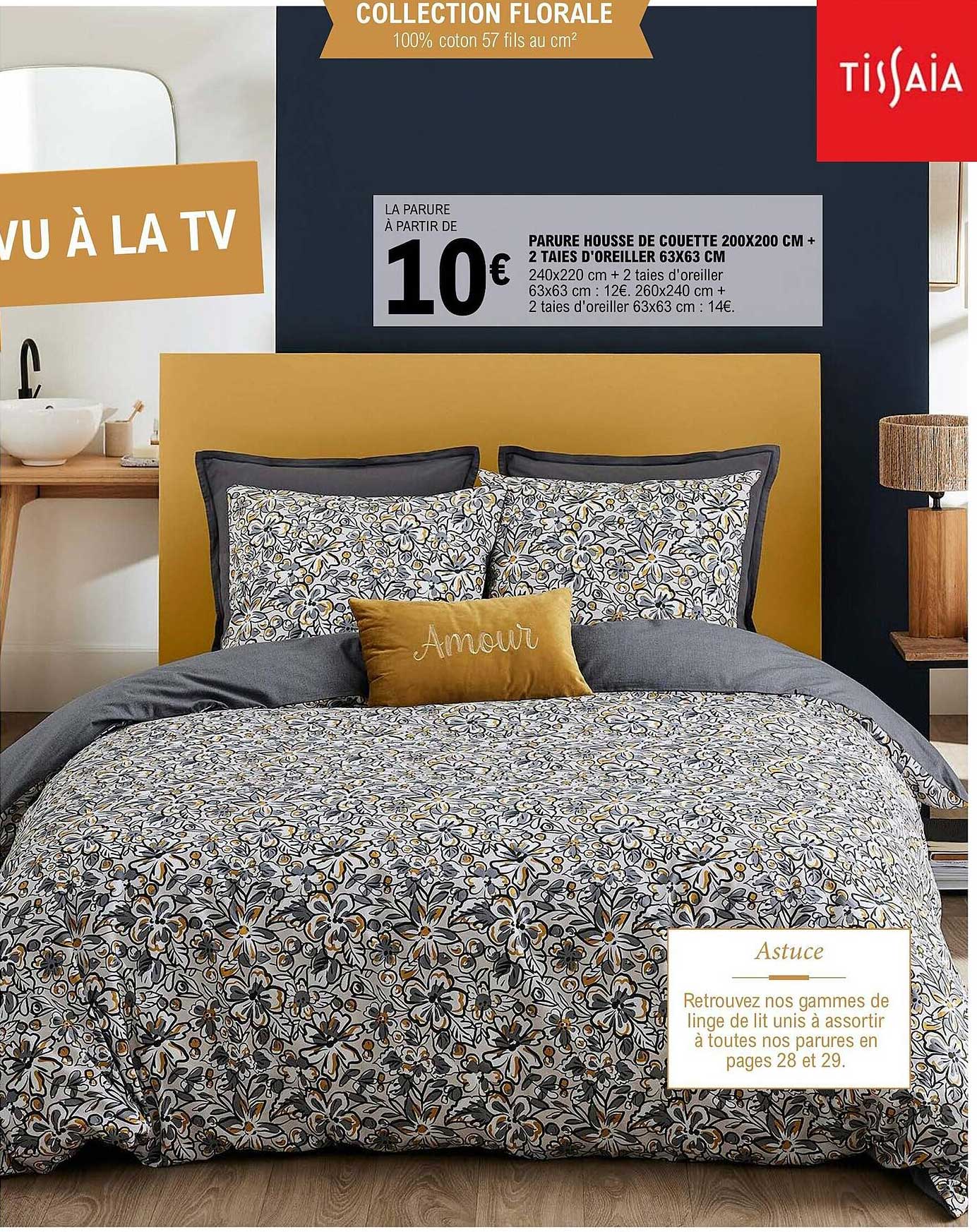 parure housse de couette 200 x 200 cm + 2 taies d'oreiller 63 x 63 cm tissaia