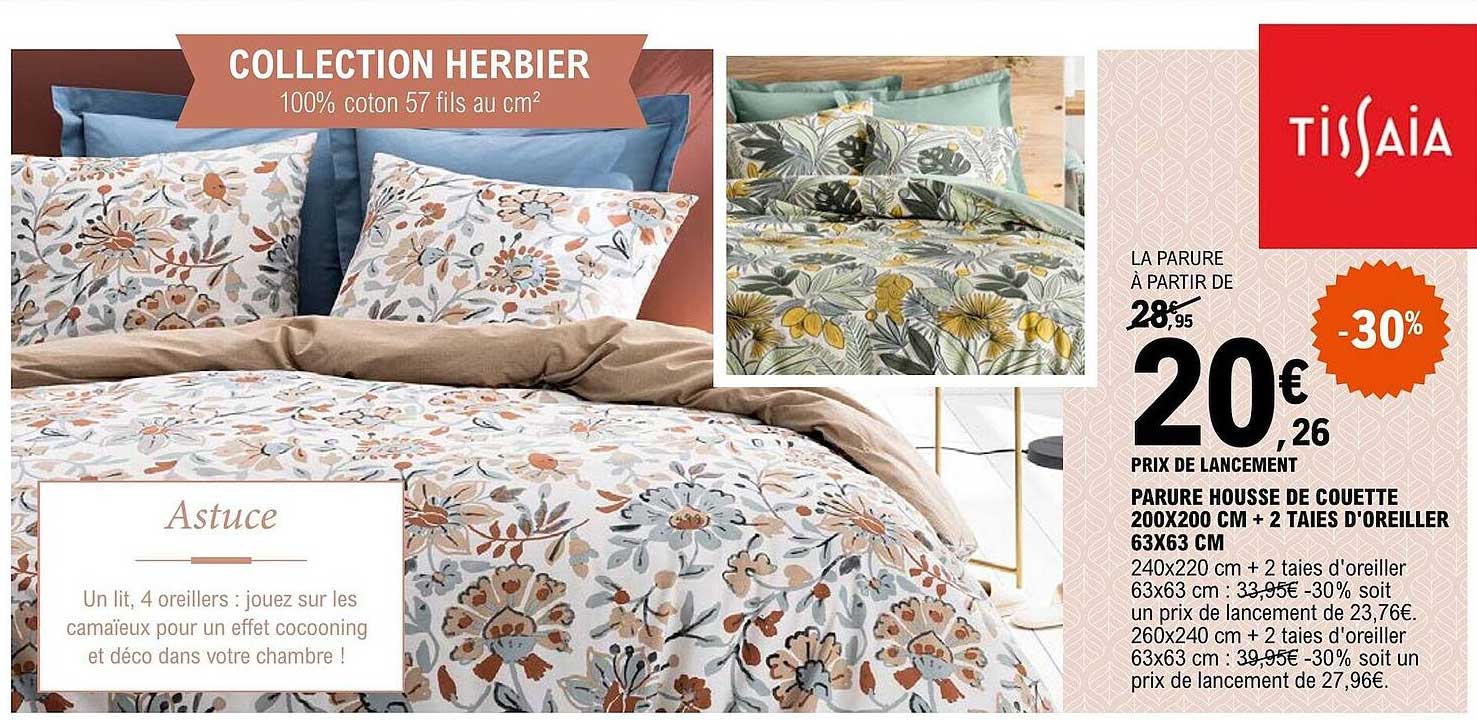 parure housse de couette 200 x 200 cm + 2 taies d'oreiller 63 x 63 cm tissaia