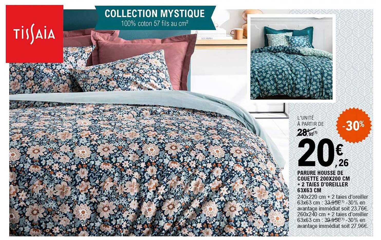 parure housse de couette 200 x 200 cm + 2 taies d'oreiller 63 x 63 cm tissaia