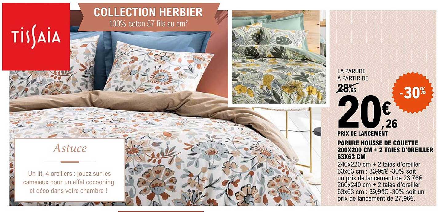 parure housse de couette 200 x 200 cm + 2 taies d'oreiller 63 x 63 cm tissaia