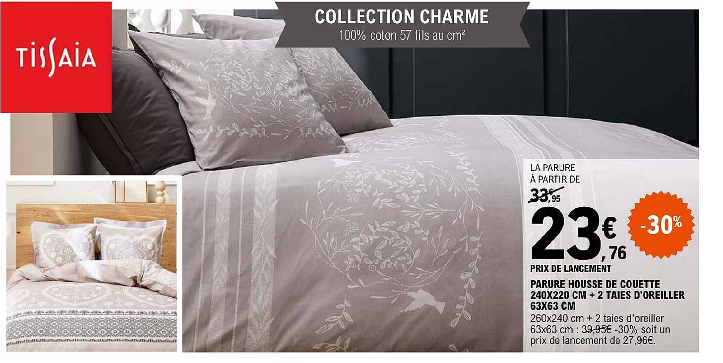 parure housse de couette 240 x 220 cm + 2 taies d'oreiller 63 x 63 cm tissaia