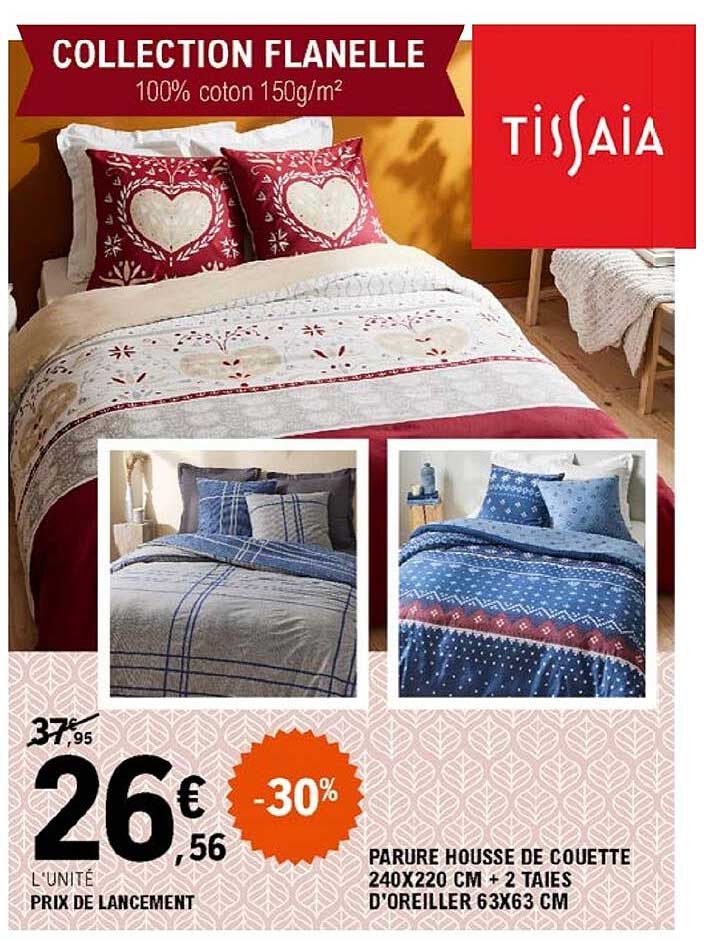 parure housse de couette 240 x 220 cm + 2 taies d'oreiller 63 x 63 cm tissaia