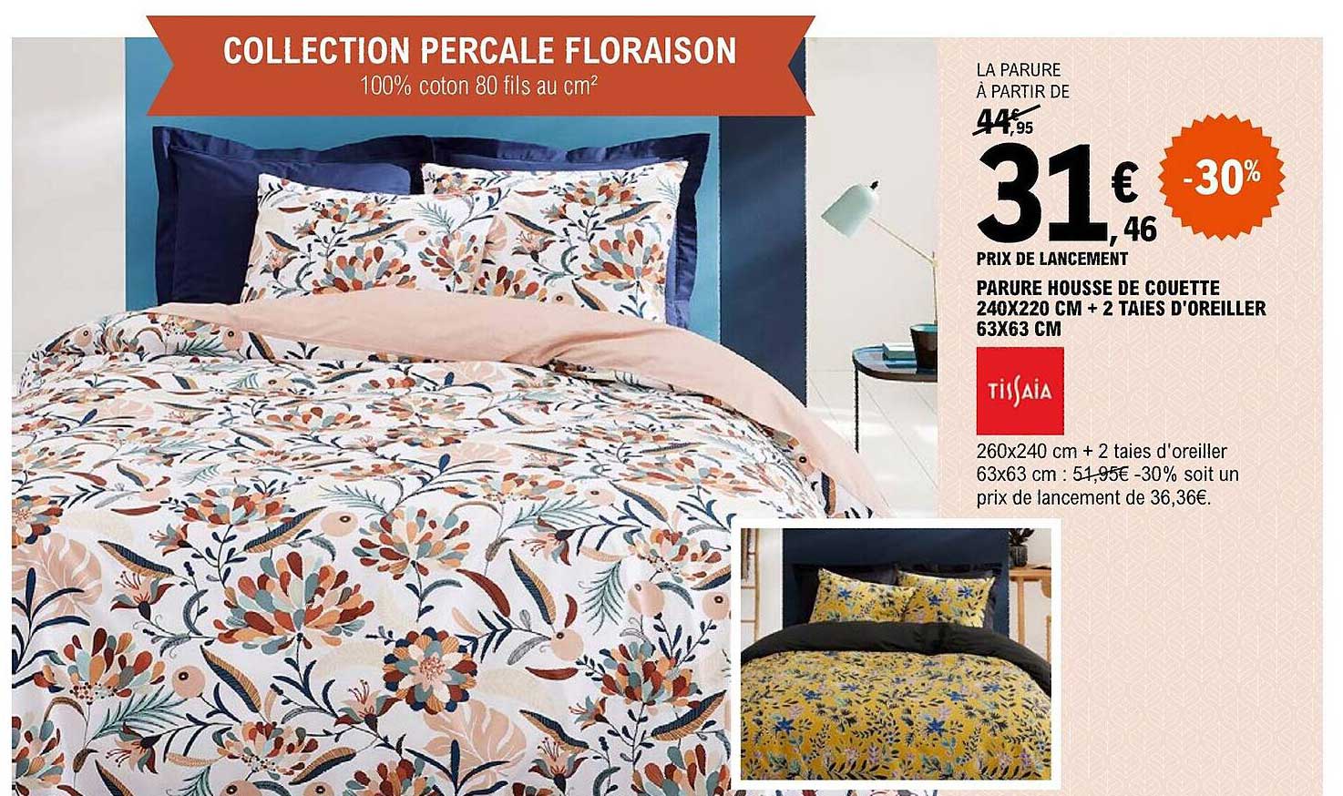 parure housse de couette 240 x 220 cm + 2 taies d'oreiller 63 x 63 cm tissaia