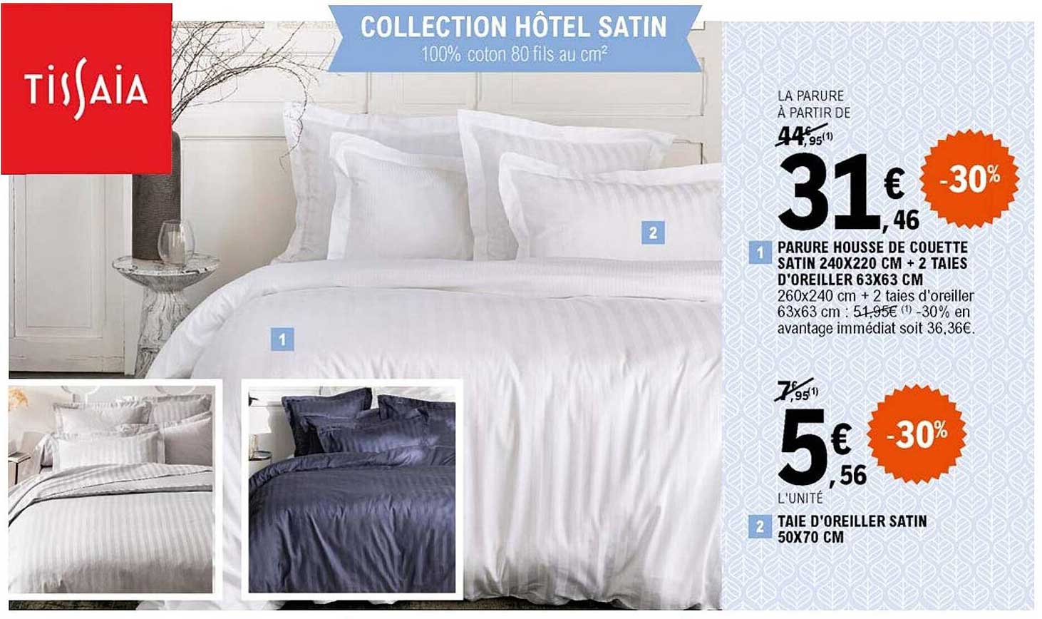 parure housse de couette satin 240 x 220 cm + 2 taies d'oreiller 63 x 63 cm tissaia, taie d'oreiller satin 50 x 70 cm tissaia