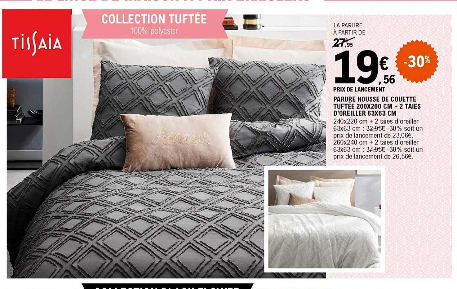 parure housse de couette tuftée 200 x 200 cm + 2 taies d'oreiller 63 x 63 cm tissaia