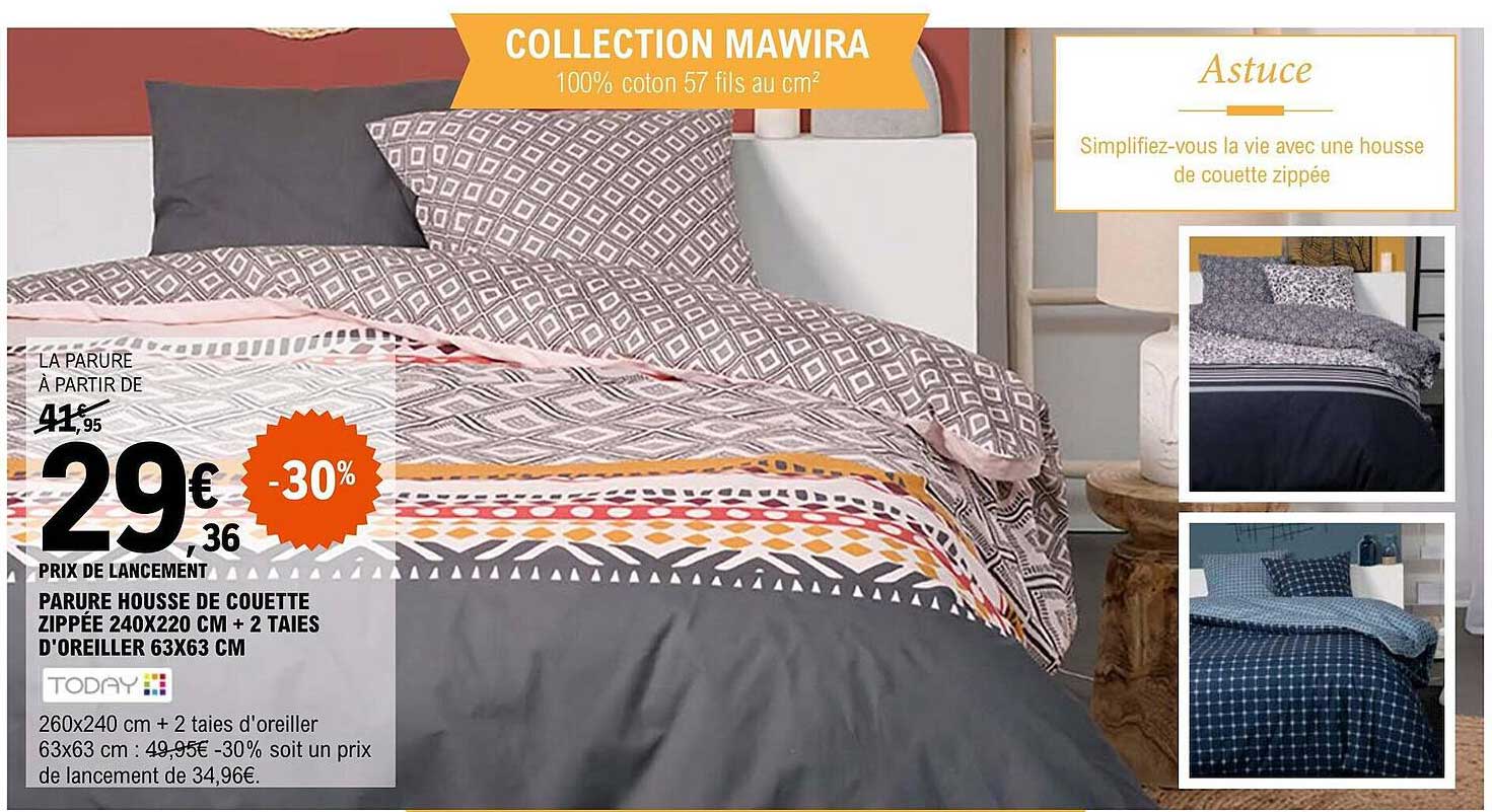 parure housse de couette zippée 240 x 220 cm + 2 taies d'oreiller 63 x 63 cm today