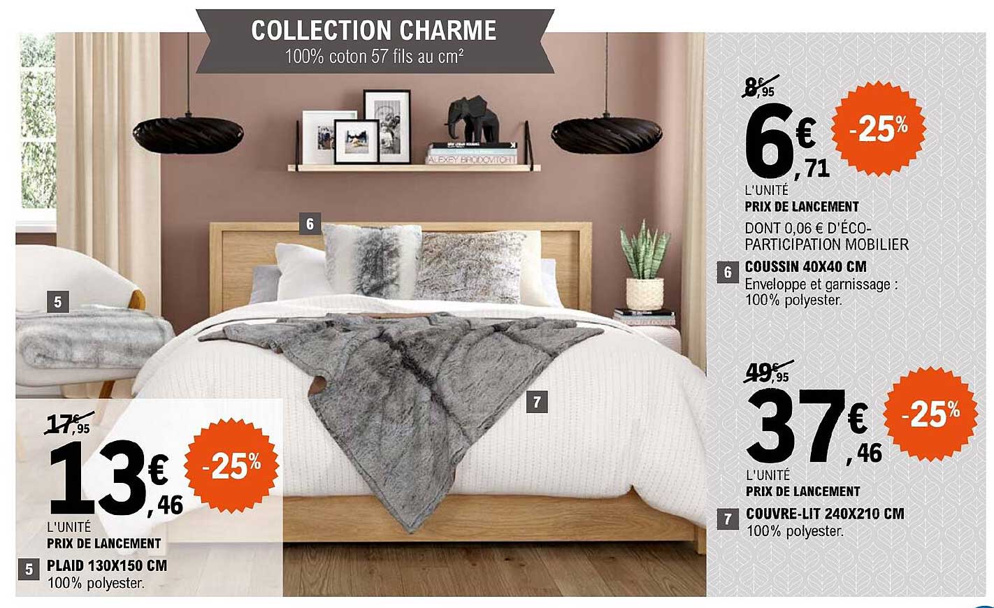 plaid 130 x 150 cm, coussin 40 x 40 cm, couvre-lit 240 x 210 cm