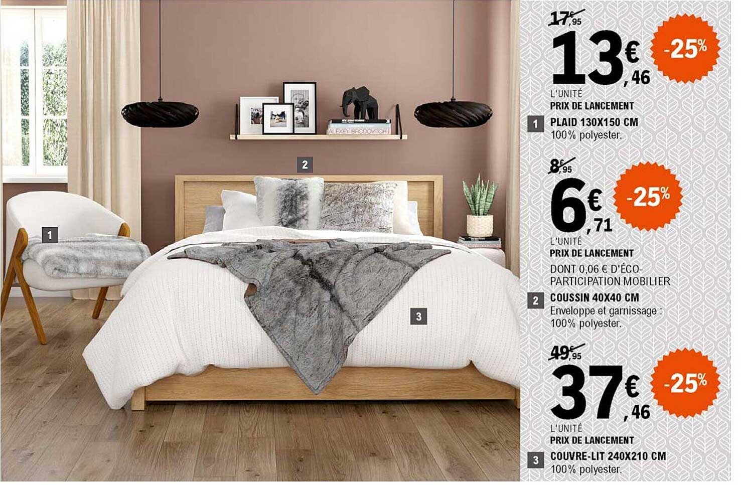 plaid 130 x 150 cm, coussin 40 x 40 cm, couvre-lit 240 x 210 cm