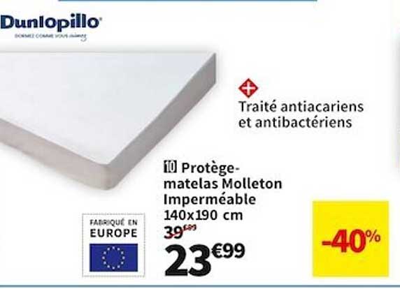 protège-matelas molleton imperméable 140 x 190 cm dunlopillo