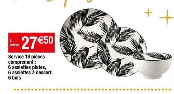 service 18 pièces comprenant : 6 assiettes plates, 6 assiettes à dessert, 6 bols