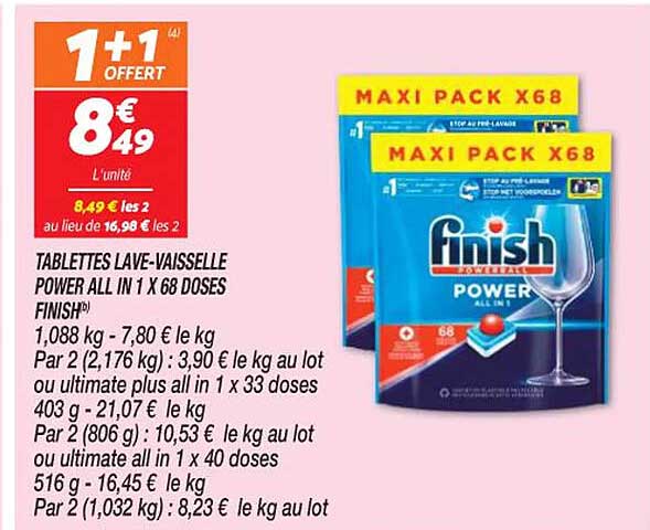 tablettes lave-vaisselle power all in 1 x 68 doses finish