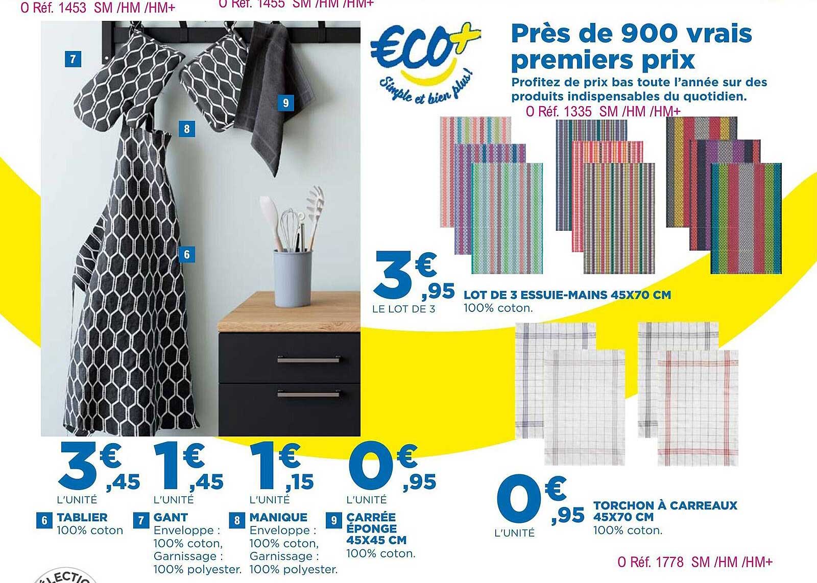 tablier, gant, manique, carrée éponge 45 x 45 cm, torchon à carreaux 45 x 70 cm, lot de 3 essuie-mains 45 x 70 cm
