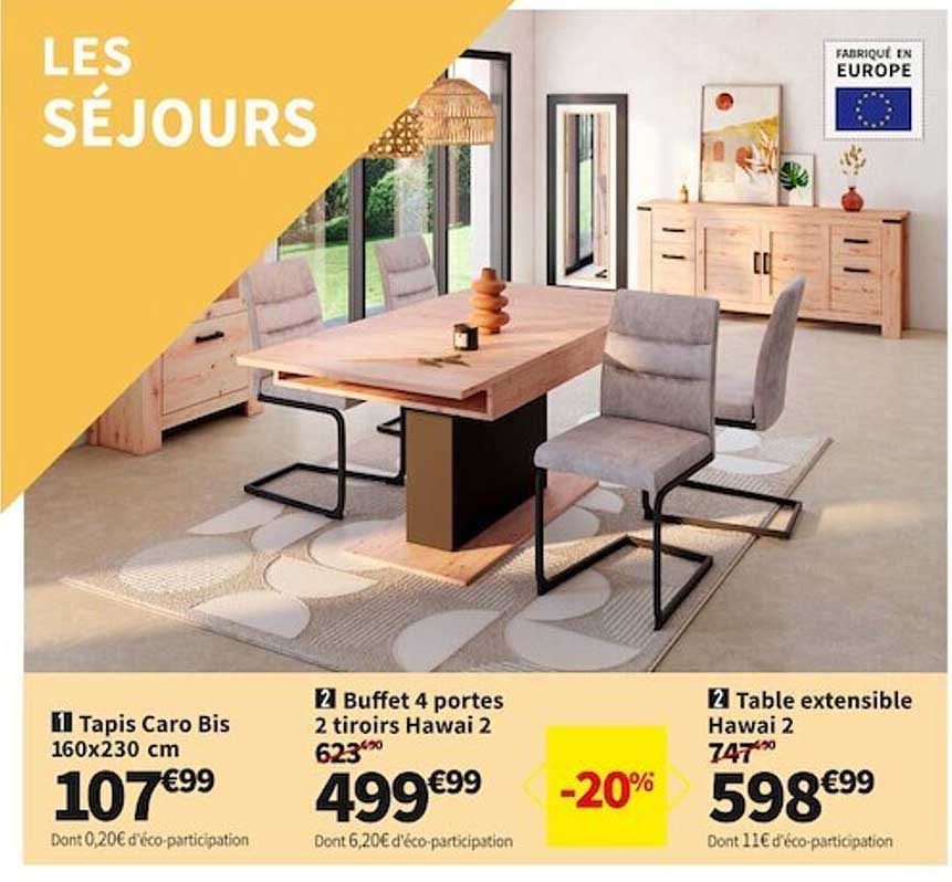 tapis caro bis 160 x 230 cm, buffet 4 portes 2 tiroirs hawai 2, table extensible hawai 2