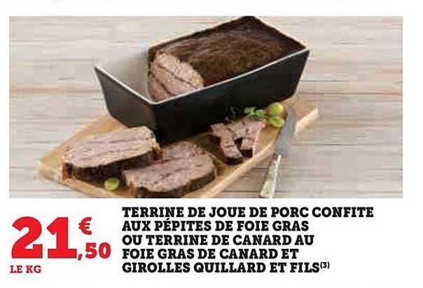 terrine de joue de porc confite aux pépites de foie gras ou terrine de canard au foie gras de canard et girolles quillard et fils